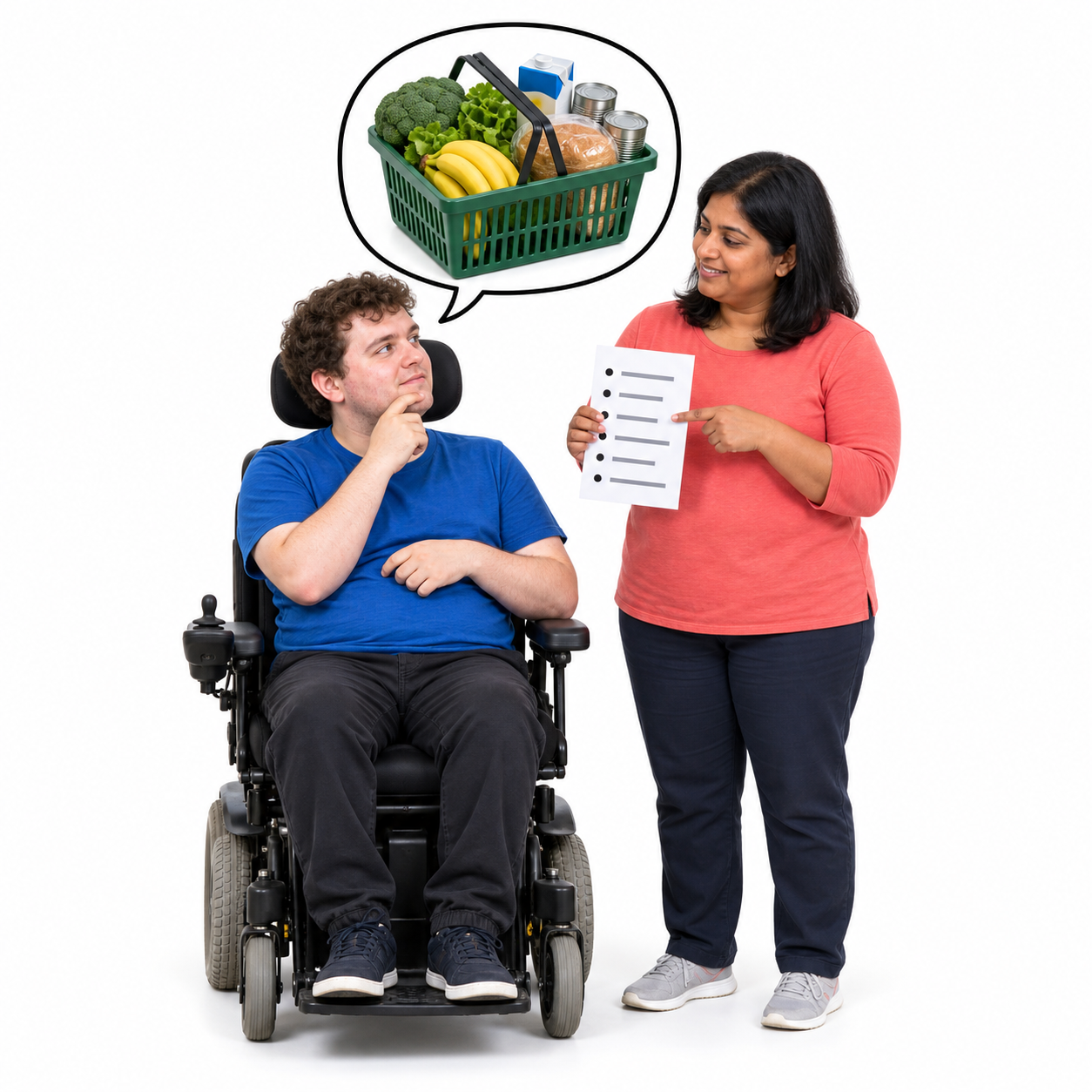 AI-assisted interpretation of two people planning shopping, including a wheelchair user