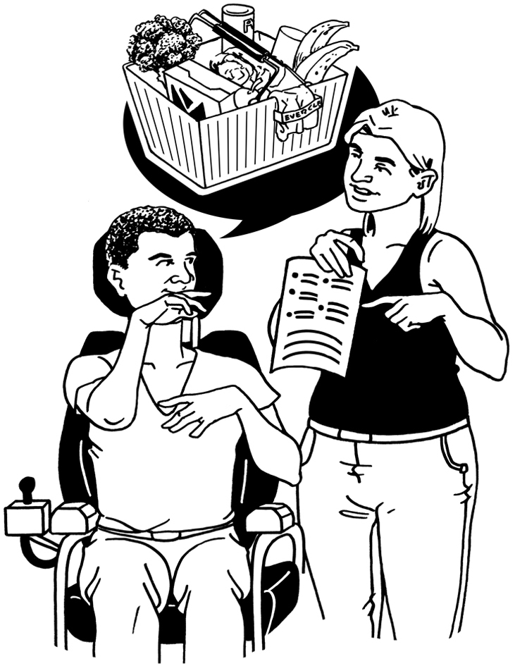 Original CHANGE illustration of two people planning shopping, including a wheelchair user