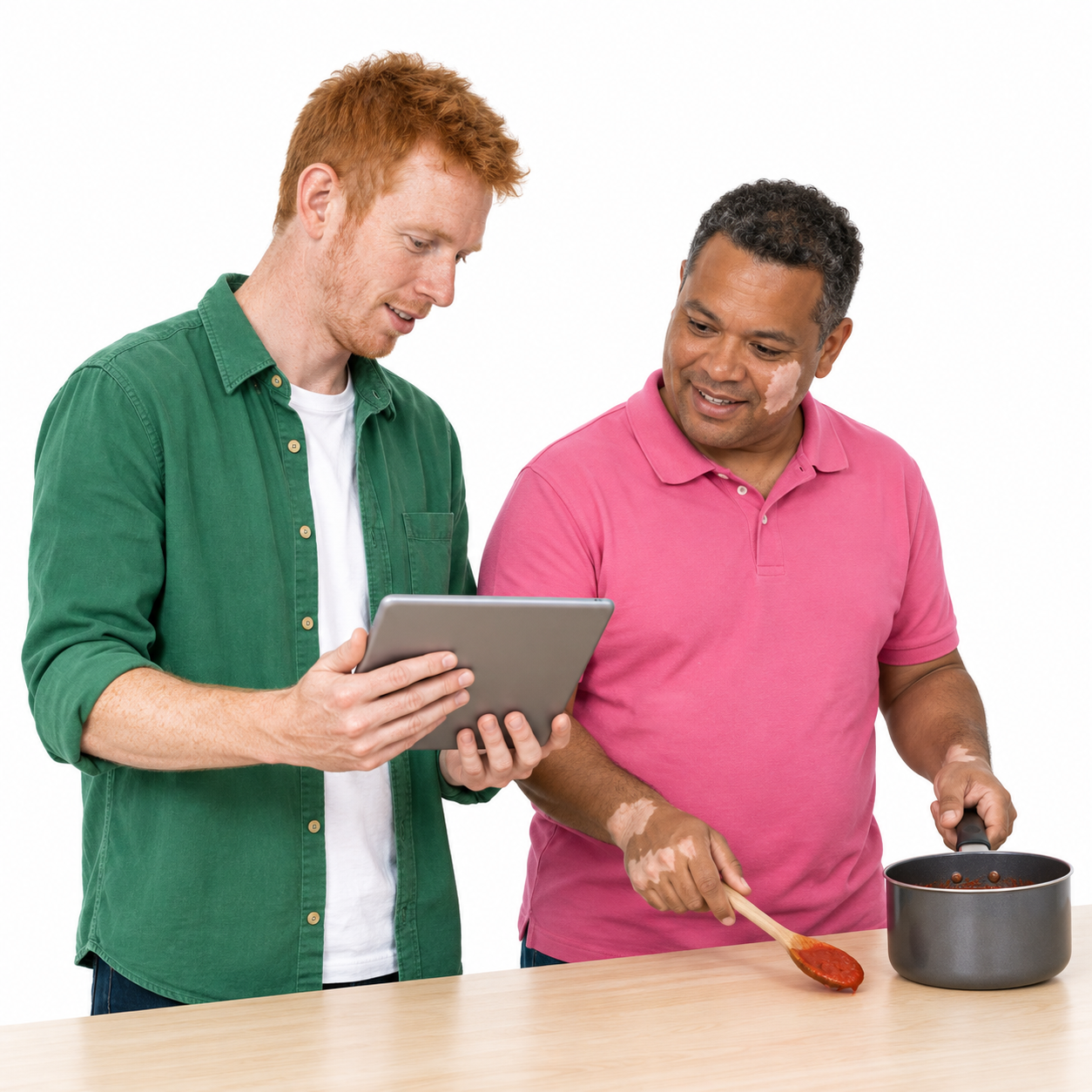 AI-assisted interpretation of two people preparing food using a tablet