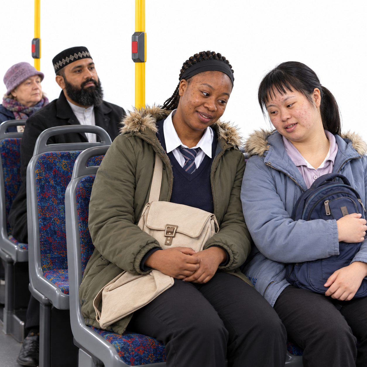 AI-assisted interpretation of friends sitting together on a bus